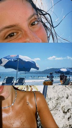 a woman with no shirt on sitting under an umbrella at the beach and another photo of her face