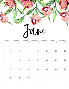 the june calendar with watercolor flowers on it