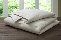 two white pillows stacked on top of each other in front of windows with trees outside