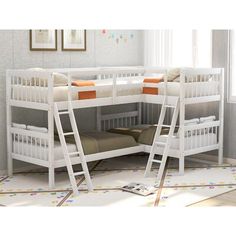 two white bunk beds sitting next to each other on top of a carpeted floor