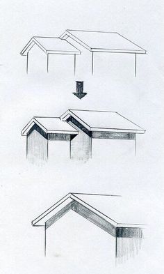 three drawings of different angles and shapes of roofs