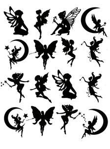 the silhouettes of various fairy characters are shown in black and white, with different shapes