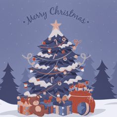 a christmas tree with presents in front of it and the words merry christmas written below