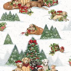 a christmas scene with dogs and presents in the snow