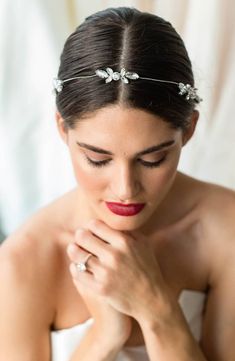 Hand-wired crystals form delicate leaf-like clusters on this headband that adds the perfect finishing touch to your bridal look. Wedding Headband For Bride, Bride Hair Pins, Halo Band, Bridal Halo, Beautiful Haircuts, Glamorous Hair, Head Pieces, Half Updo, Halo Style