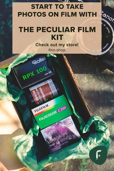 the pecular film kit is open and ready to be used for filming with text overlay that reads, start to take photos on film with the pecular film kit check out my store