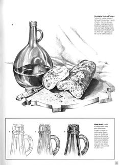 a drawing of some bottles and spoons on top of a table with other items