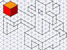 an image of a red cube in the middle of a gridded pattern with blue lines