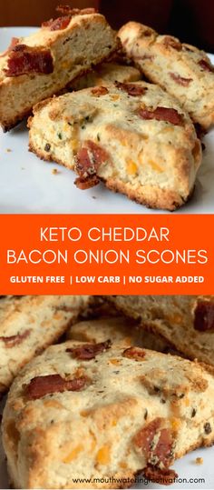 These scones are one of my older recipes BUT they are still the best keto scone texture I've ever come up with! They are a perfect in-between soft and slightly crunchy. These are based off my favourite bacon cheddar onion scones I used to make at my old bakery job!  These make a great easy keto breakfast or afternoon low carb snack. #ketobaconcheddarscones #ketocheddarscones #ketosconesrecipe #ketosconesrecipeeasy #ketobreakfastideas Onion Scones, Low Carb Muffins, Boiled Egg Diet Plan