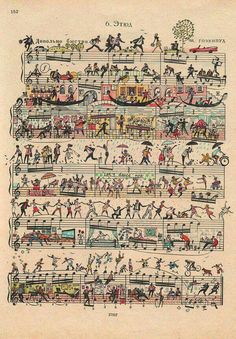 an old book with people playing and dancing on the pages, including children's drawings