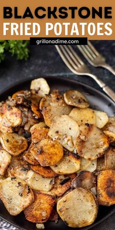 black stone fried potatoes on a plate with a fork