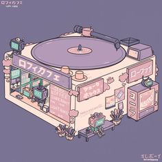 a drawing of a record player in front of a store