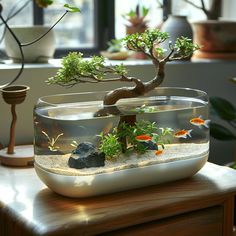 a bonsai tree in a fish bowl on top of a table with rocks and plants