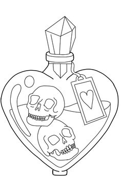 a heart shaped bottle with skulls on it and a diamond in the top right corner