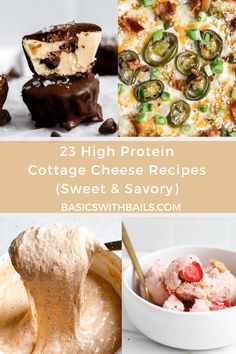 collage of cottage cheese recipes and desserts with text overlay that reads 25 high protein cottage cheese recipes sweet & savory