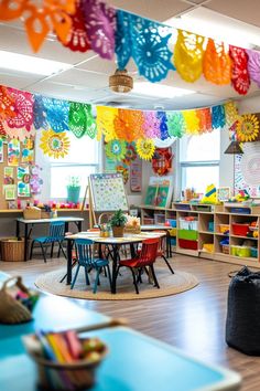 a classroom filled with lots of colorful decorations