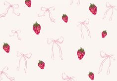 strawberries tied up with pink ribbon and bows on a white wallpapered background