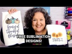 a woman holding up two towels with the words free sublimation designs on them