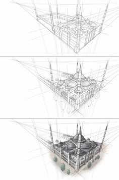 three architectural drawings of an old building with spires and domes on the top, bottom, and side