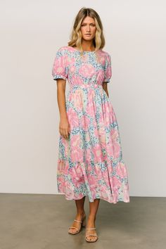 Pink Floral Print Knee-length Midi Dress, Pink Mid-length Maxi Dress For Spring, Pink Knee-length Midi Dress For Daywear, Modest Pink Midi-length Dress, Modest Pink Midi Length Dress, Spring Pink Midi Dress With Smocked Back, Pink Midi Dress With Smocked Back For Daywear, Pink Midi Dress For Garden Party, Modest Pink Midi Dress For Summer