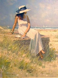 a painting of a woman in a white dress and hat sitting on a bench at the beach