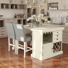 a kitchen island with two chairs next to it and wine bottles on the counter top