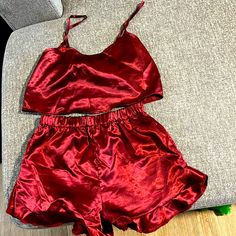 Silk Pajama Set. Short And Tank Top From Boohoo Size Us:4 Uk:8 Red Pajamas Women, Red Summer Sets For Bedtime, Red Bedtime Sets For Summer, Red Summer Sleepwear For Night, Red Satin Sleepwear For Pajama Party, Red Satin Sleepwear For Loungewear, Sleeping Clothes, Bride Pajama, Pajamas Aesthetic