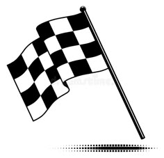 a black and white checkered flag flying in the wind with halftone dots around it