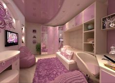 a bedroom with pink and white decor on the walls, carpeted flooring and built - in shelving