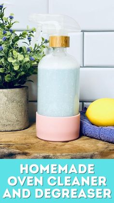 homemade oven cleaner and degreaser on a wooden table next to potted plants