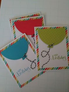 three birthday cards with balloons on them, one is blue and the other is green