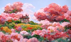 a painting of a house on a hill with trees and flowers in the foreground