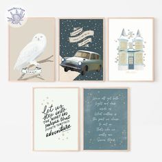 four greeting cards with an owl, car and snow scene