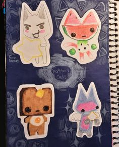 an open notebook with stickers on it and some writing in the middle that says night's cake