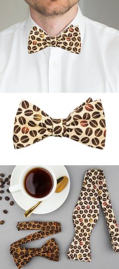 Coffee lover gifts. Men's self-tie bow tie with coffee bean print in beige and brown. Coffee enthusiast gift. Men's outfit inspiration idea.