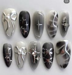 Cool Black And White Nails, Acubi Nails, Fake Nails Designs, Grunge Nails, Y2k Nails, Kawaii Nails