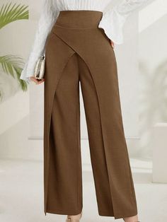 Coffee Brown Elegant Collar  Fabric Plain Straight Leg Embellished Non-Stretch  Women Clothing Summer Pants Women, Solid Color Pants, Classy Work Outfits, Women Pants, Pantalon Large, Coffee Brown, Pants Design, Classy Dress, Straight Leg Pants