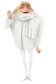 a cartoon character wearing a white coat and scarf, with one hand on his hip