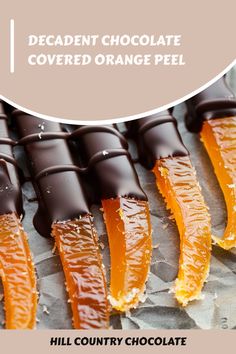 Decadent chocolate covered orange peel on parchment paper, advertised by Hill Country Chocolate. Chocolate Work, Chocolate World, Types Of Chocolate, Gourmet Treats, Chocolate Shells, Sweet Tart