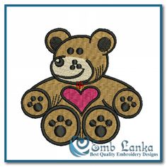 a teddy bear with a heart in its paws is shown on a white background and blue border