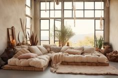 a living room filled with lots of pillows and blankets on top of a floor next to a window