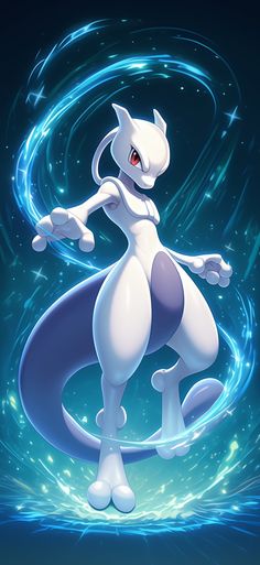 an animated white cat standing in front of a blue background with stars and circles around it