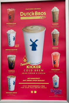 a poster with different types of drinks on it's display case in a silver frame