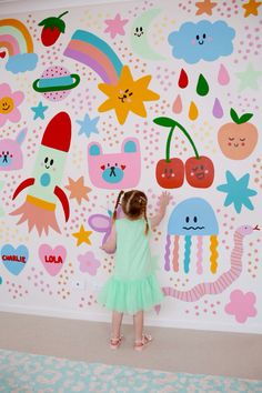 My second wall mural ive painted in my house! This time for my kids playroom. Features all the cute things in life with little kawaii faces. Colorful Playroom Mural, Play Room Wall Painting, Diy Playroom Mural, Kawaii Mural, Kids Wall Paint Ideas, Mural Wall Art Kids, Playroom Feature Wall, Kids Playroom Mural, Kids Mural Wall