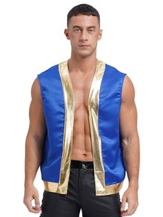 a man with no shirt wearing a blue and gold vest on his chest is looking at the camera