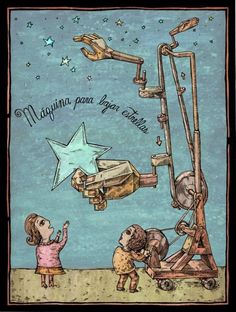 two children are looking at an old fashioned telescope with stars on the sky above them