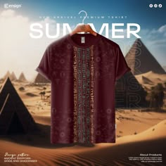 a t - shirt with egyptian writing on it in front of pyramids and sand dunes