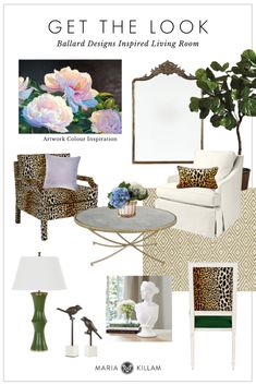 a living room with leopard print furniture and decor on it's walls, including a chair