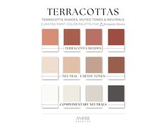 the color palette for terracottass is shown in different shades and sizes, including neutral