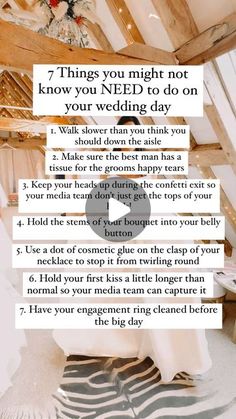 a table with white cloth on it and the words 7 things you might not know you needed to do on your wedding day